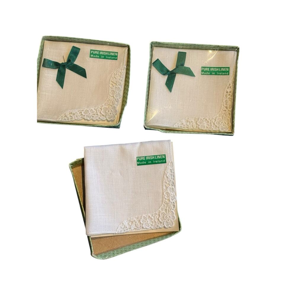 VTG Irish Linen Small‎ Handkerchief (3) Made in Ireland Original Box READ